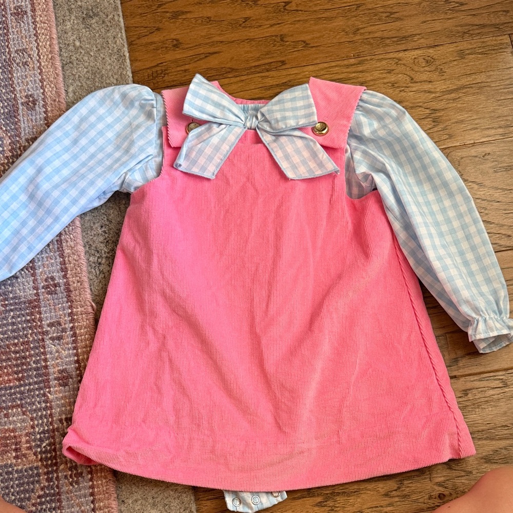 The Beaufort Bonnet Company Pink corduroy dress with Blue check bubble